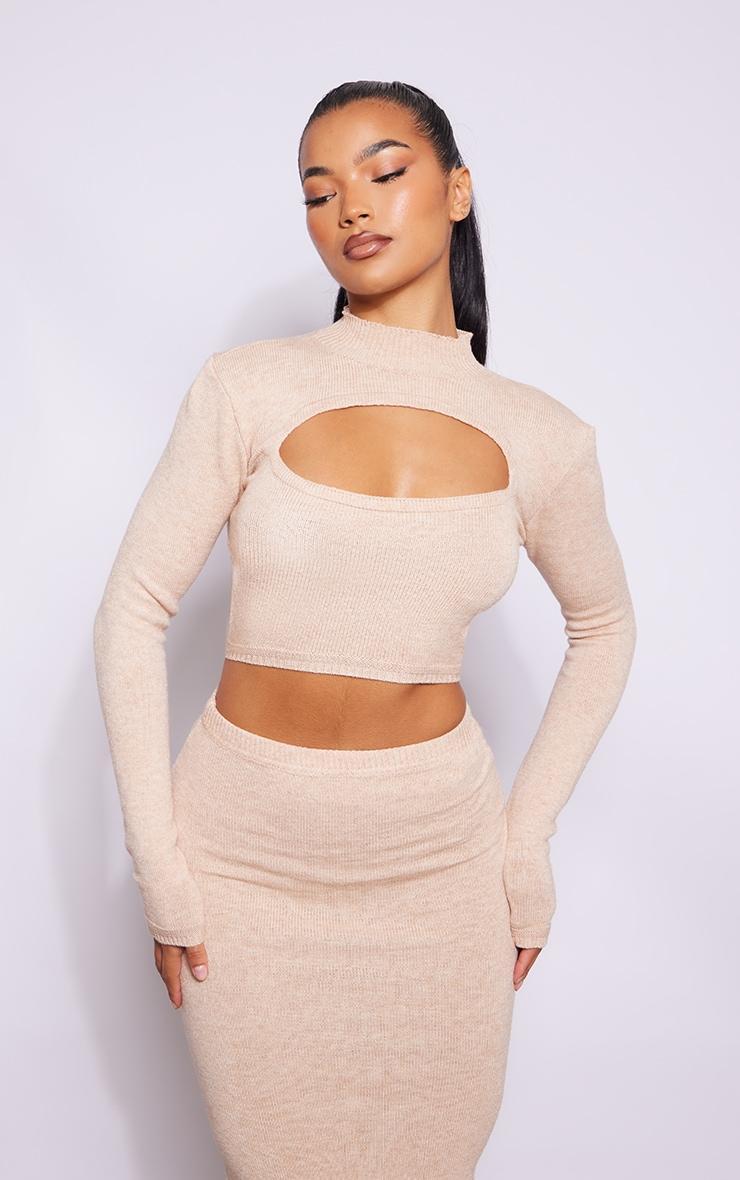 Oatmeal Tie Back Long Sleeve Knit Crop Top Product Image