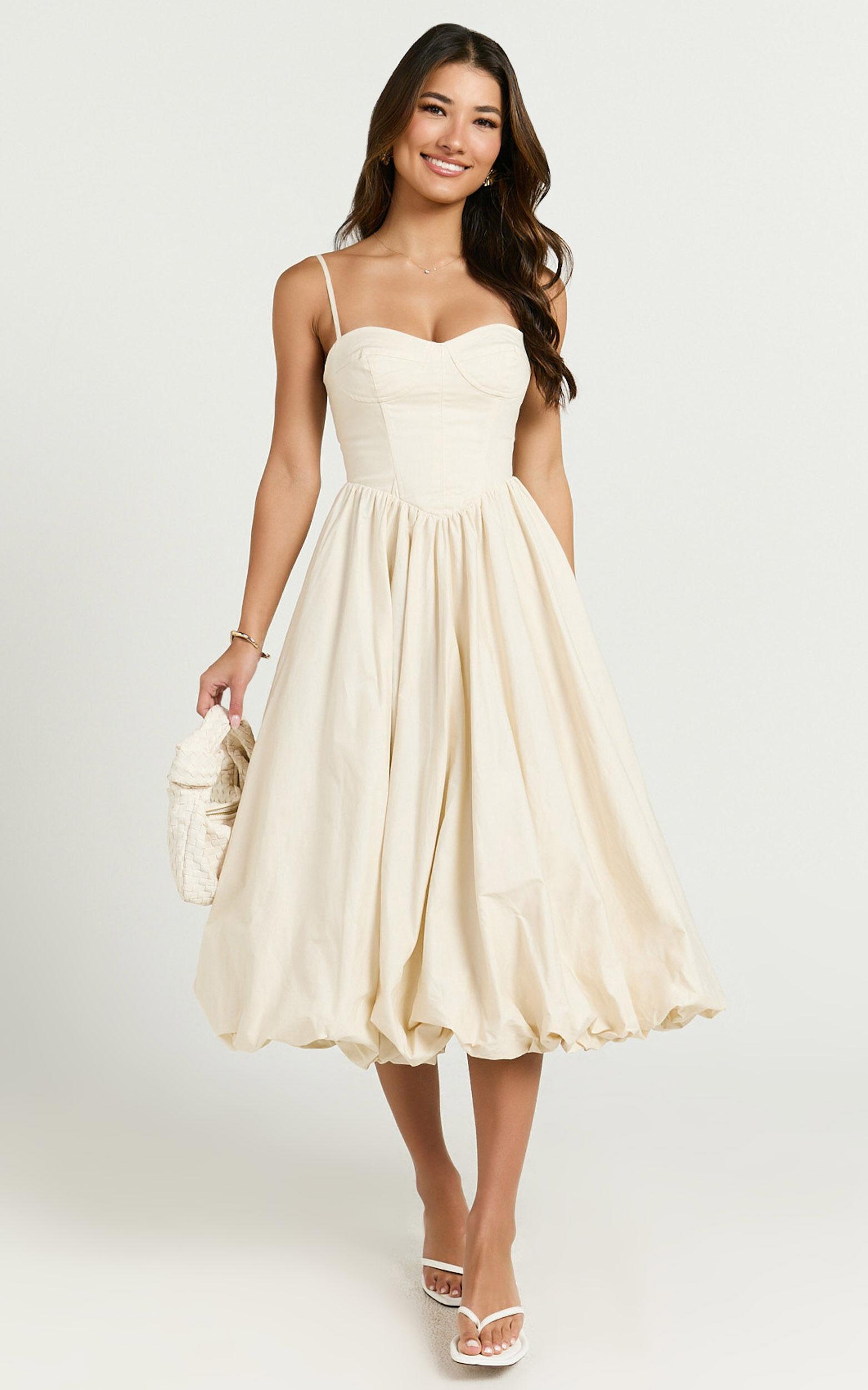 Kara Midi Dress - Strapped Bustier Bubble Hem Dress in Cream Product Image