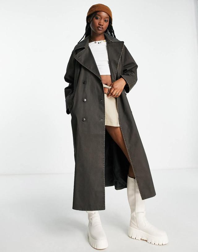 Weekday Ezra coated acid wash trench coat in brown Product Image