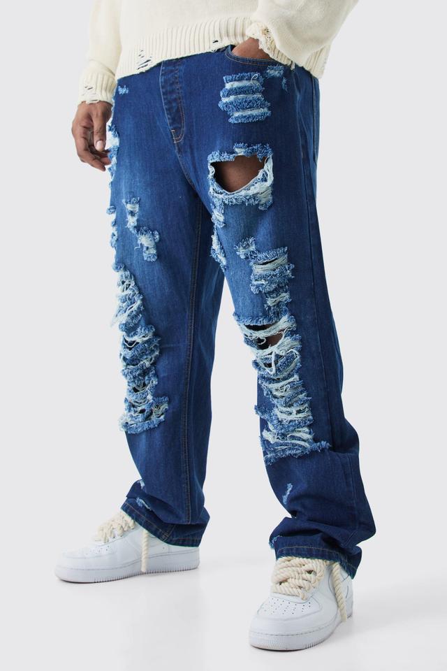 Plus Extreme Rip Rigid Straight Fit Jean | boohooMAN USA Product Image