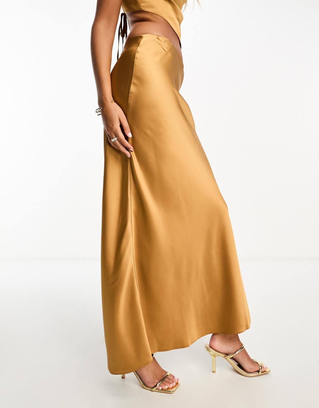 Miss Selfridge satin bias maxi skirt in gold - part of a set Product Image