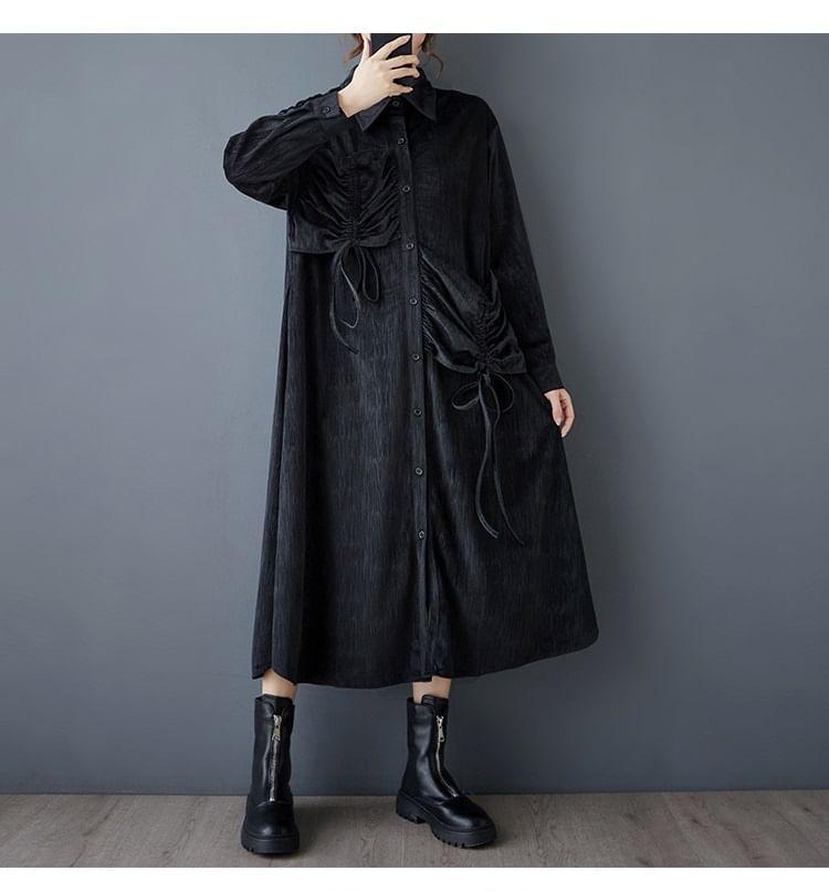 Long Sleeve Collared Plain Drawstring Corduroy Midi A-Line Shirt Dress Product Image