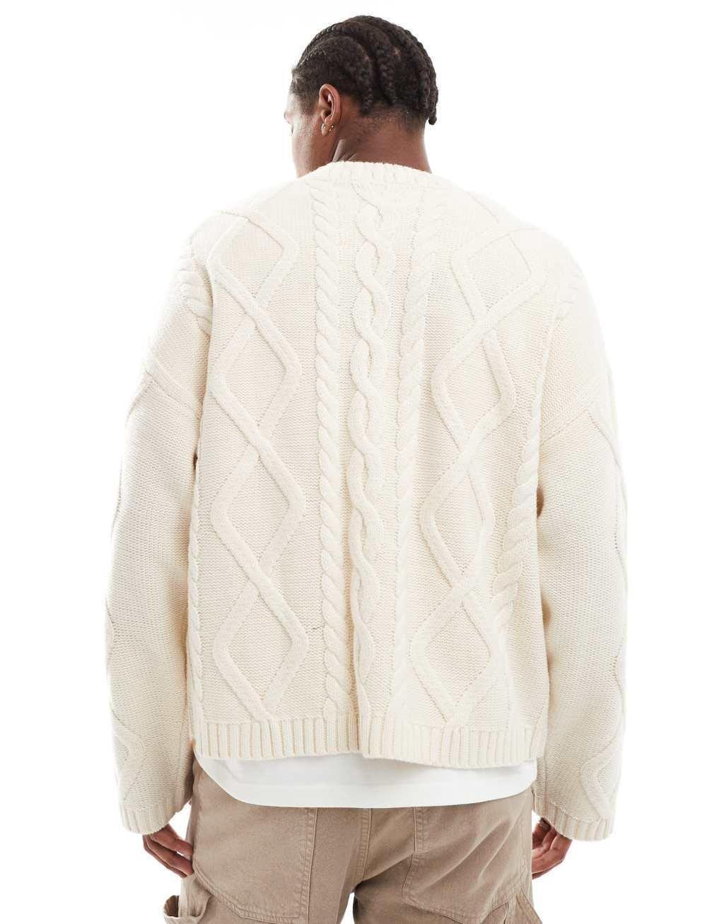 ASOS DESIGN oversized heavyweight wool mix cable sweater with crew neck in oatmeal Product Image