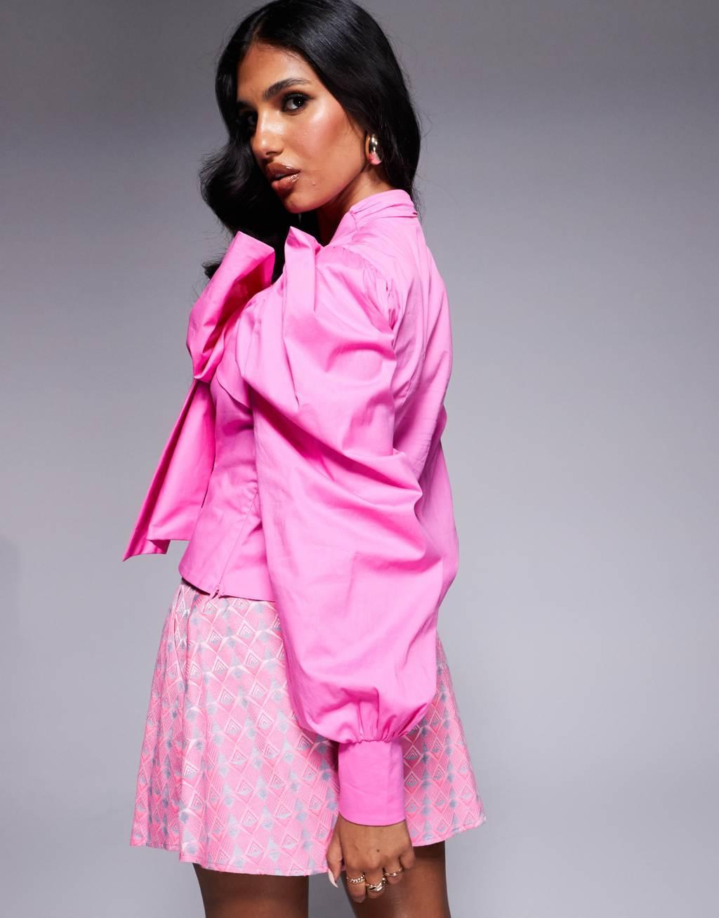 ASOS LUXE cotton poplin blouse with pussybow in pink Product Image