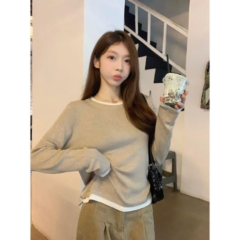 Mock Two-Piece Long-Sleeve Crewneck Two Tone Tee Product Image