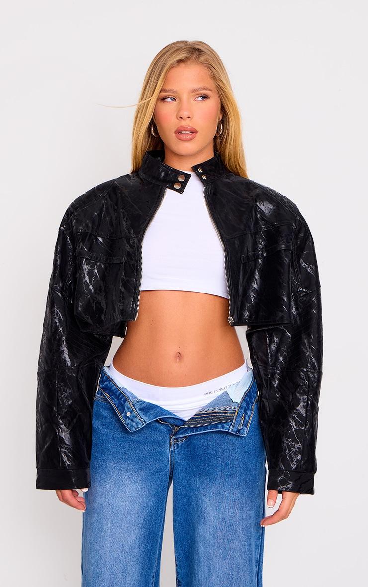 Black Sheen Look Panelled Cropped Biker Jacket Product Image