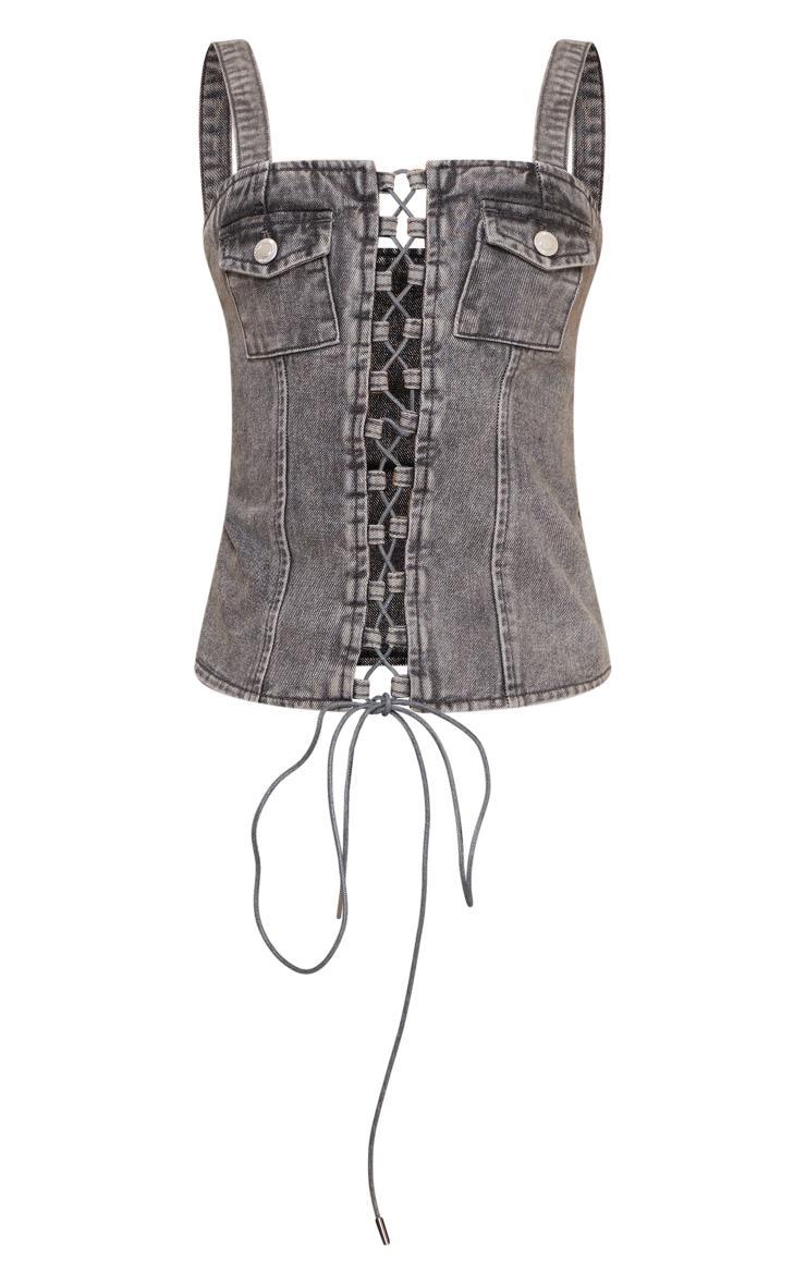 Grey Acid Wash Lace Up Denim Top Product Image