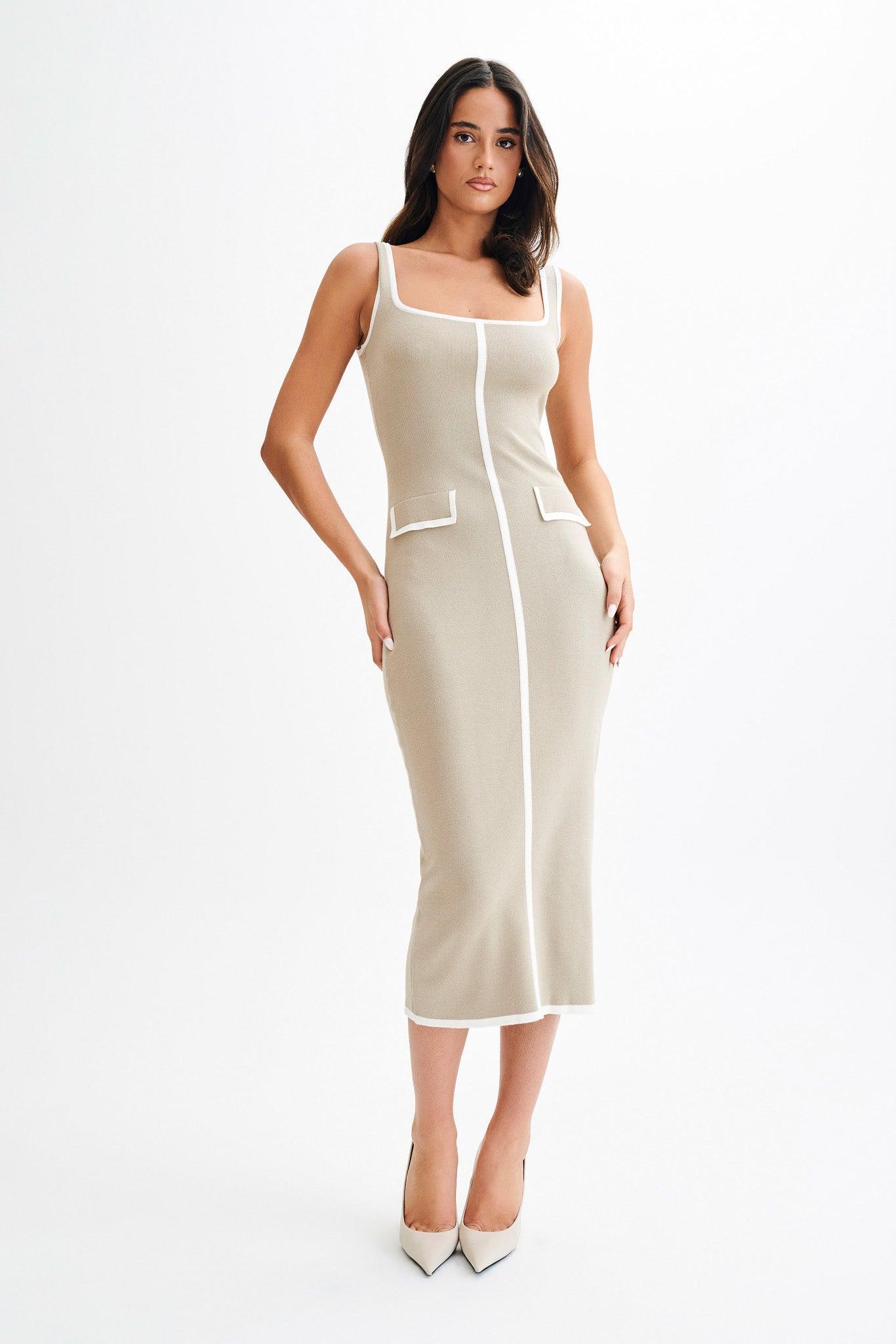 Eimear Contrast Knit Midi Dress - Taupe & Ivory Product Image