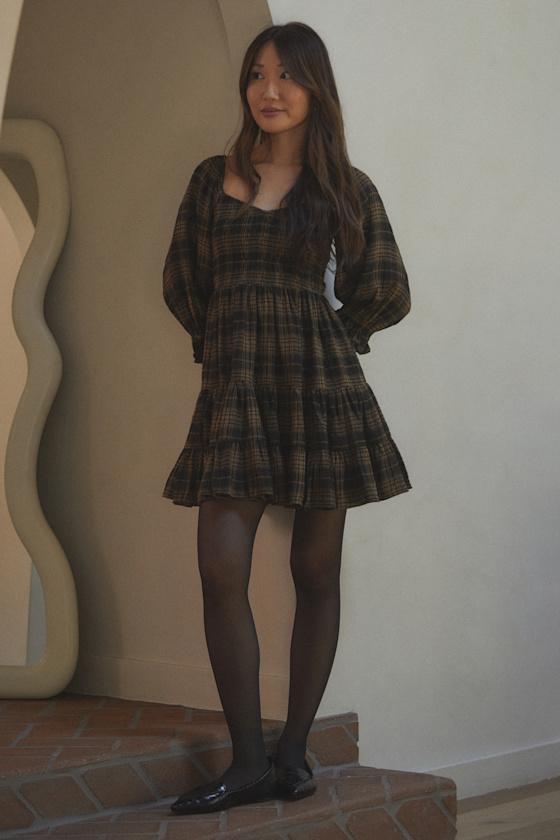 No One Cuter Black and Tan Plaid Puff Sleeve Tiered Mini Dress Product Image