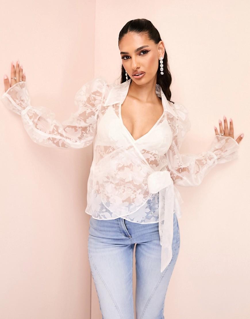 ASOS LUXE sheer organza floral wrap blouse with tie detail Product Image