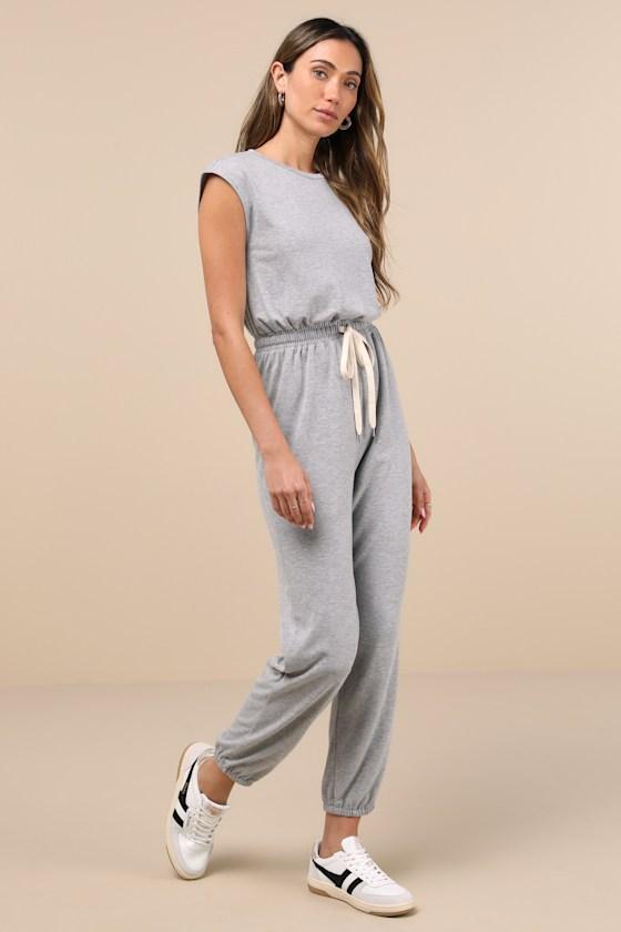 Comfy Passion Grey Short Sleeve Drawstring Lounge Jumpsuit Product Image