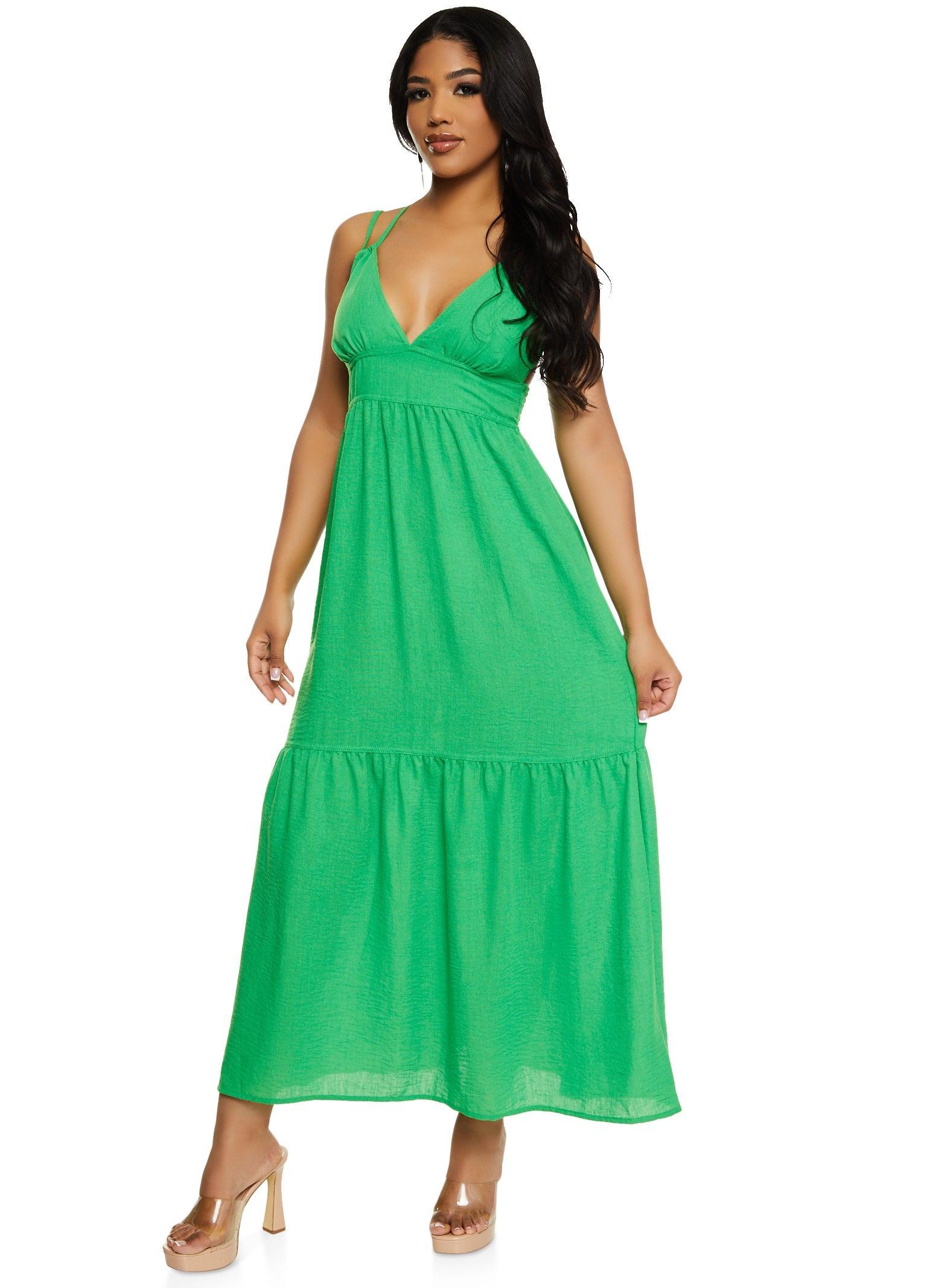 Womens Haute Monde Linen Plunge Tiered Maxi Dress Product Image