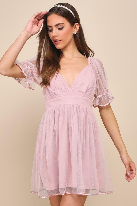 Sweetly Charming Blush Pink Mesh Surplice Puff Sleeve Mini Dress Product Image