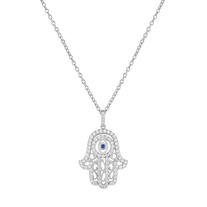 Sterling Silver Cubic Zirconia & Lab-Created Blue Spinel Hamsa Pendant, Womens Product Image