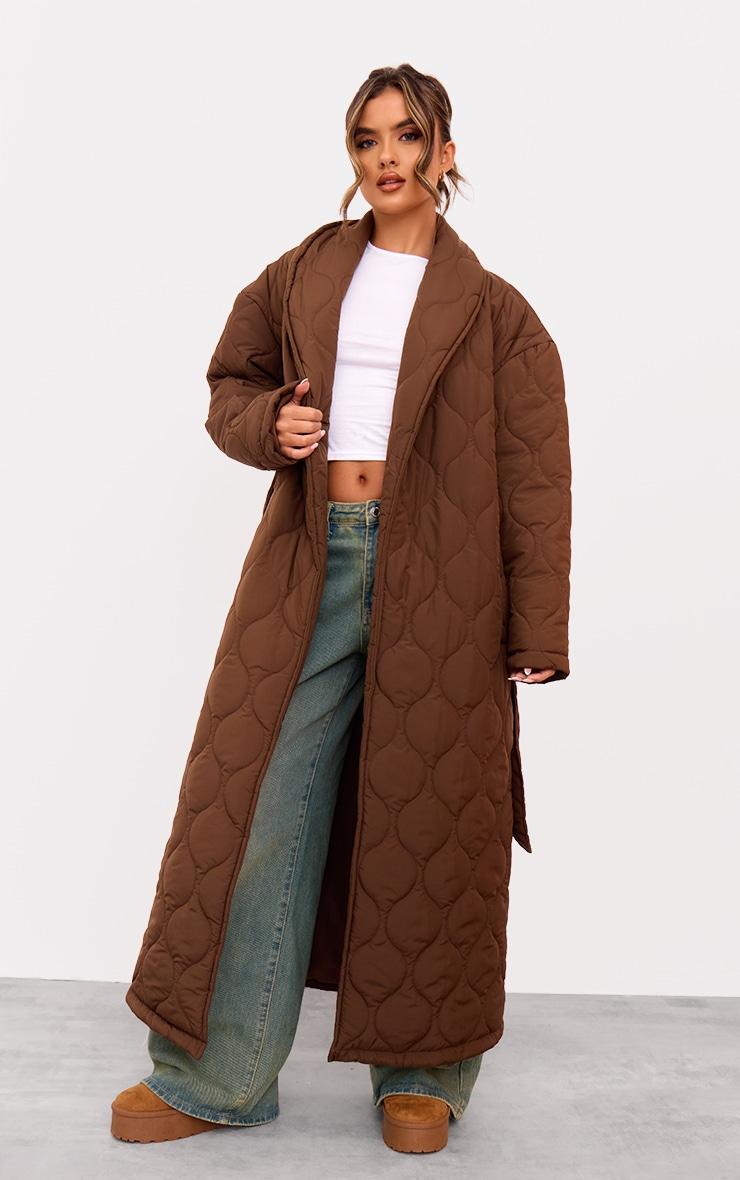 Chocolate Maxi Belted Quilted Coat Product Image