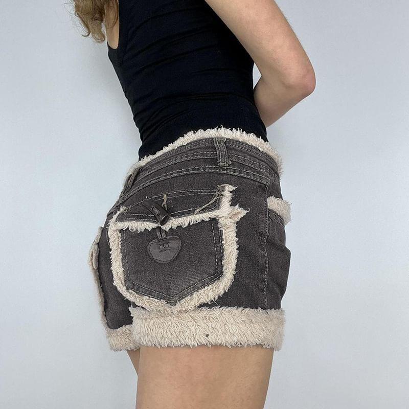 Low Waist Furry-Trim Mini Denim Shorts Product Image