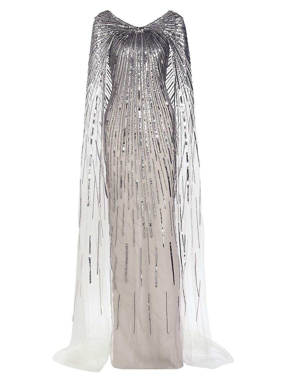 Womens Sequin-Embroidered Cape Gown Product Image