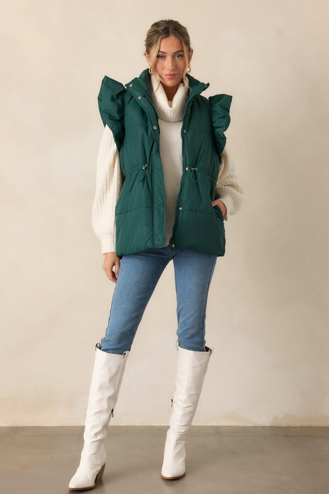 Cherry On Top Forest Green Flutter Sleeve Puffer Vest Product Image