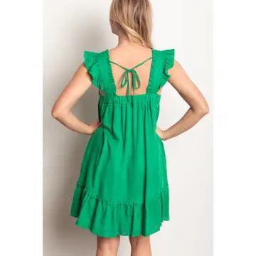 Green Ruffled Solid Linen Backless Mini Dress with Pockets Female Product Image