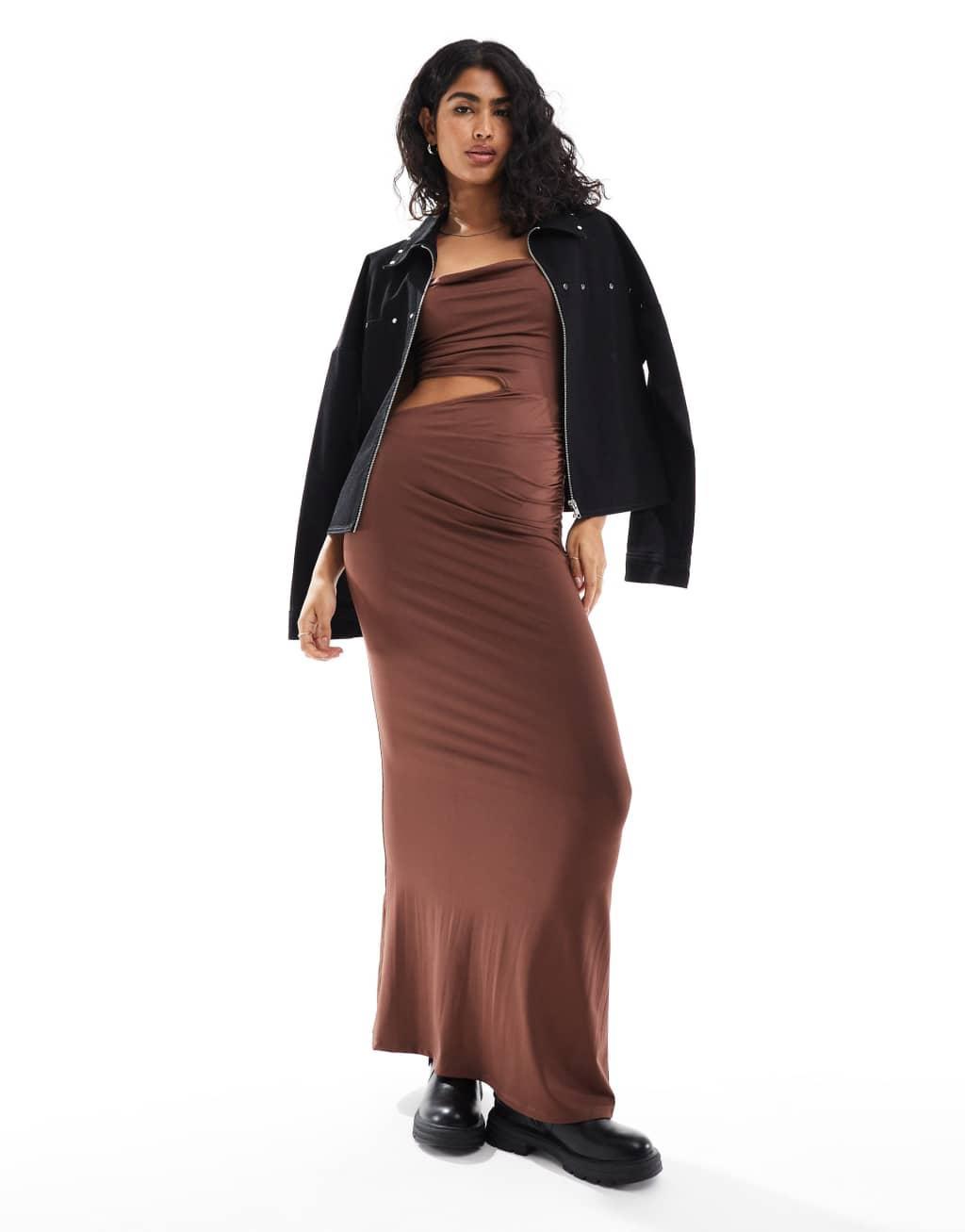 ASOS DESIGN cut out slinky maxi dress in brown Product Image