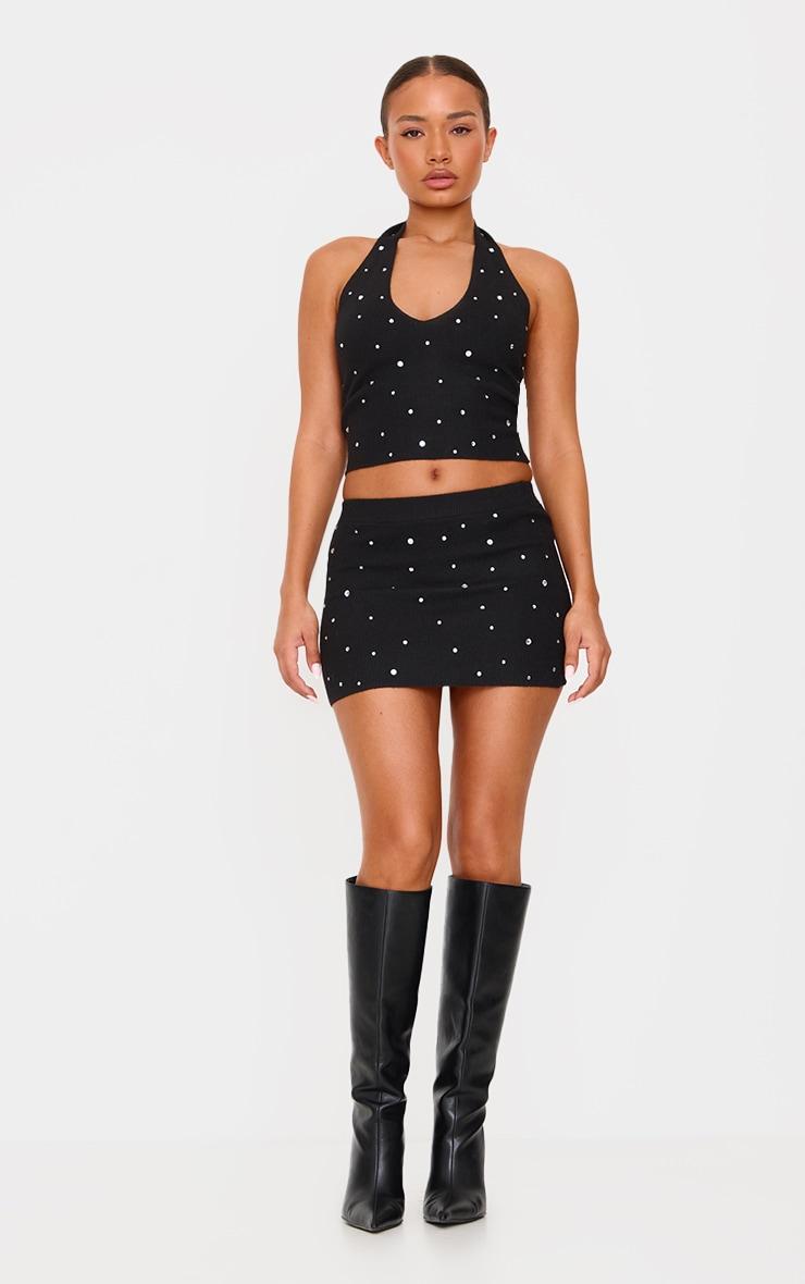 Petite Black Diamante Knit Mini Skirt Product Image