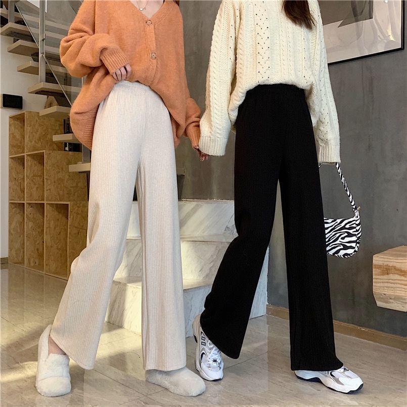 Mid Rise Plain Ribbed Wide Leg Pants (Various Designs) Product Image