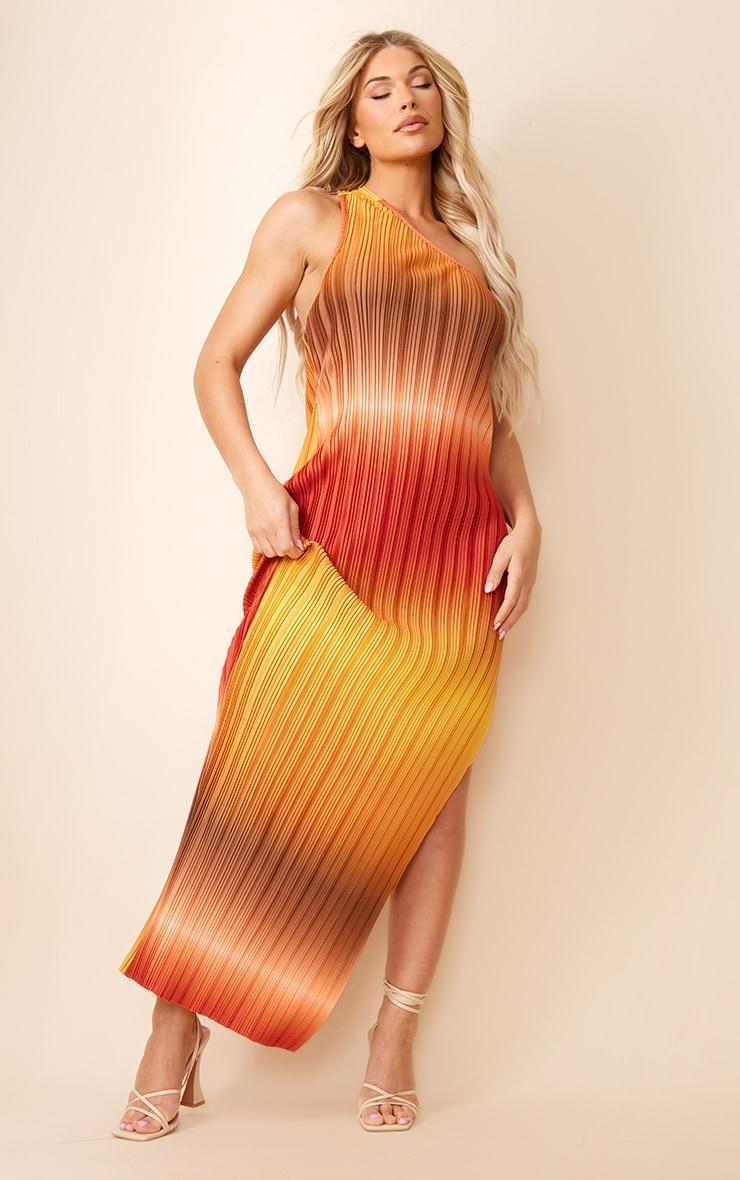 Brown Ombre Plisse One Shoulder Scoop Back Maxi Dress Product Image