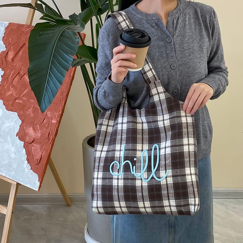 Plaid Lettering Embroidered Tote Bag Product Image