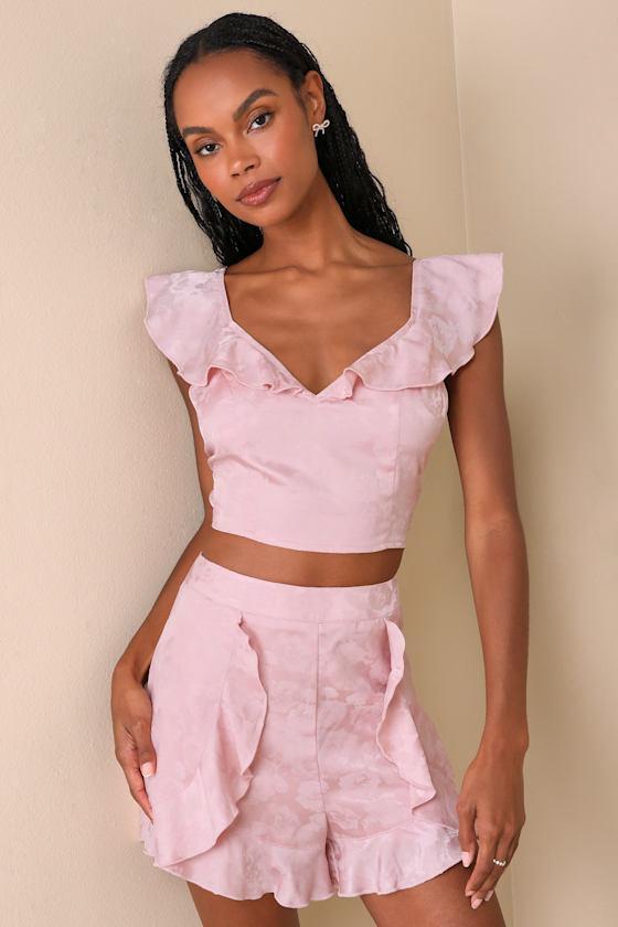 Exemplary Cutie Light Pink Satin Jacquard Ruffled Shorts Product Image