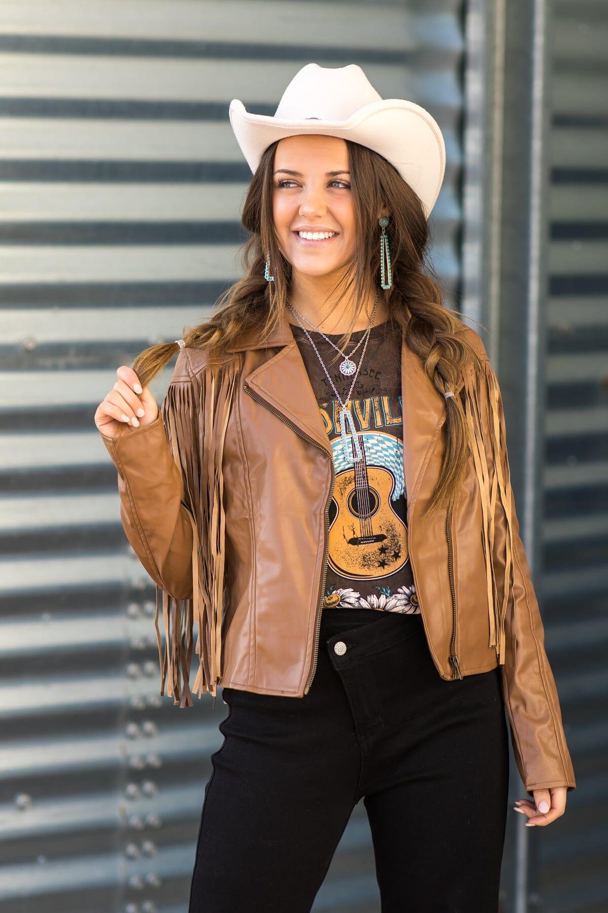 Mocha Faux Leather Jacket With Fringe Product Image