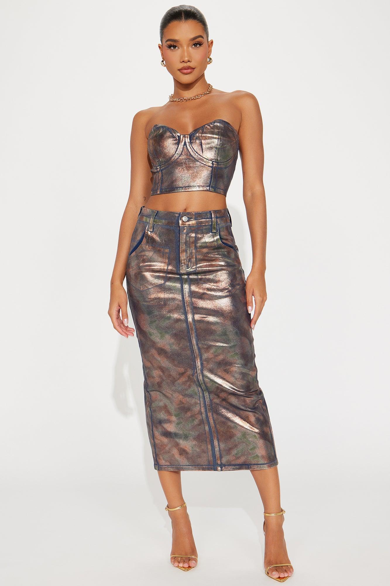 Hazel Metallic Denim Skirt Set - Dark Wash Product Image