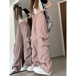 Mid Rise Plain Drawstring Cargo Baggy Pants Product Image