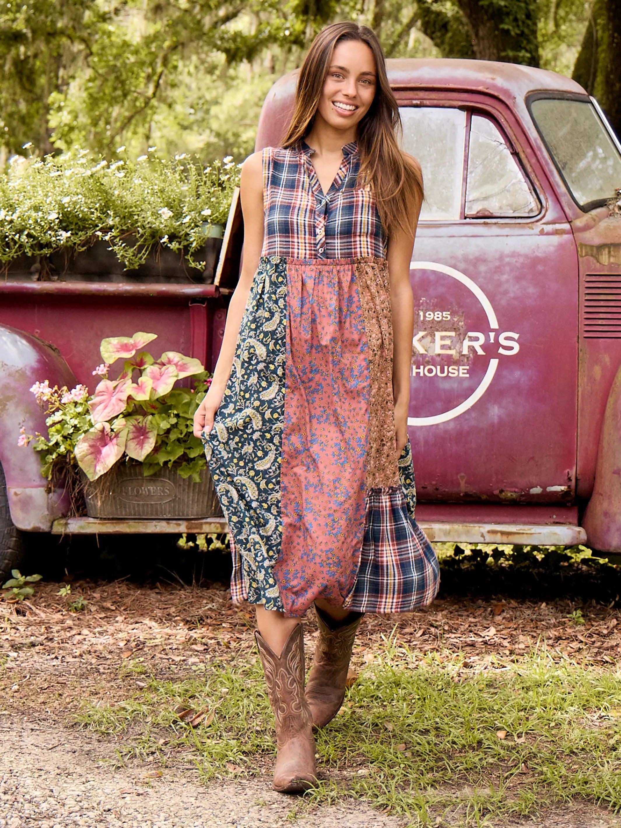 Harper Mixed Print Midi Dress - Red Light Brown Mixed Floral Product Image