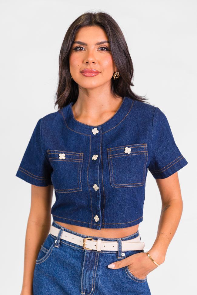 Little Details Dark Wash Denim Button Front Crop Blouse FINAL SALE Product Image