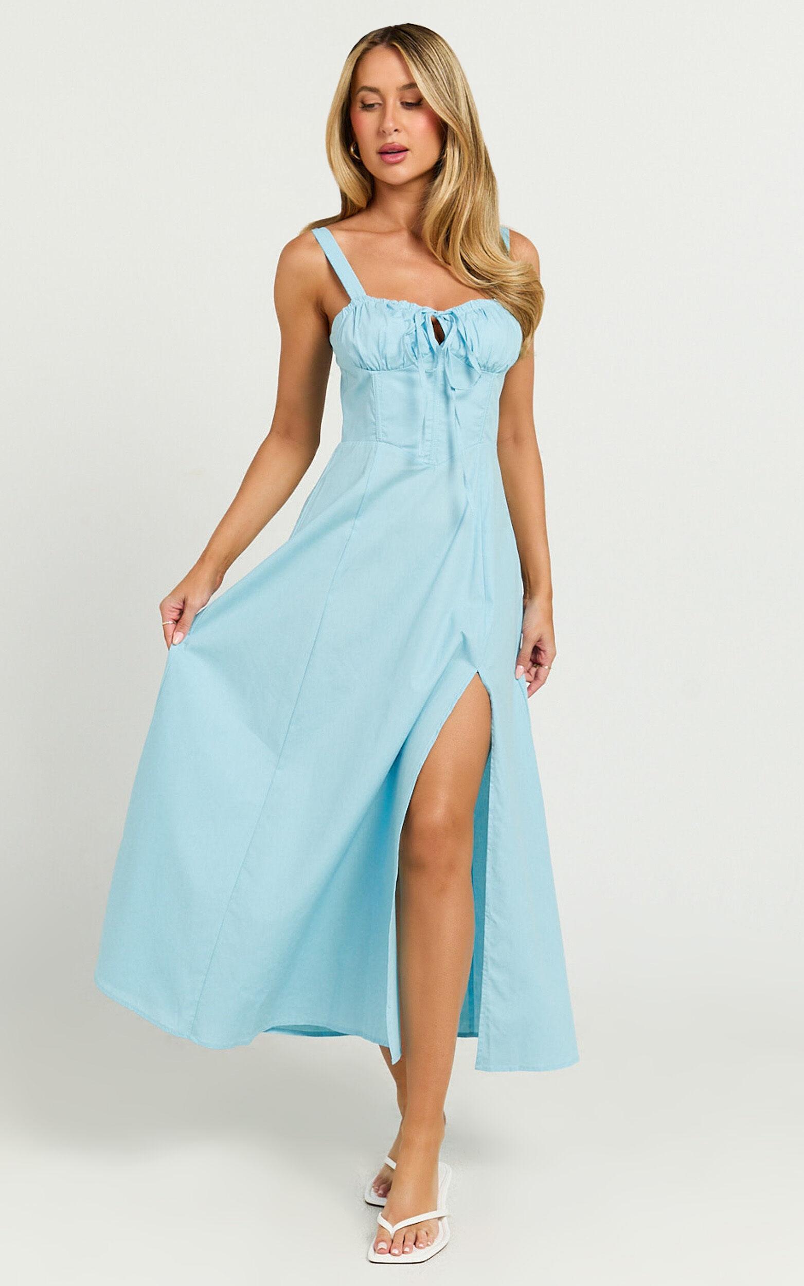 Maiya Midi Dress - Tie Front Fitted Bodice Dress in Blue Product Image