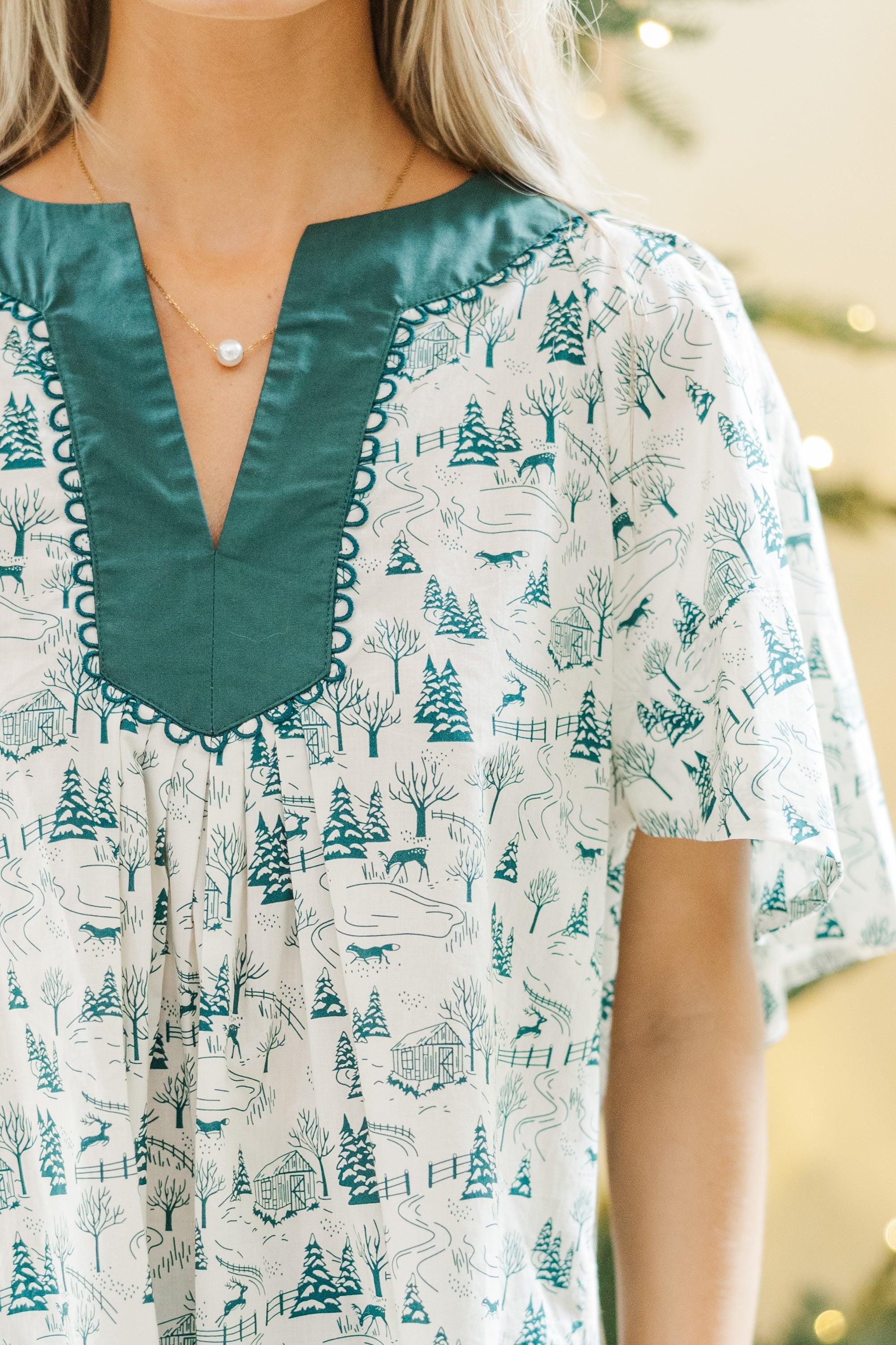 Just A Theory Green Holiday Toile Blouse Female Product Image