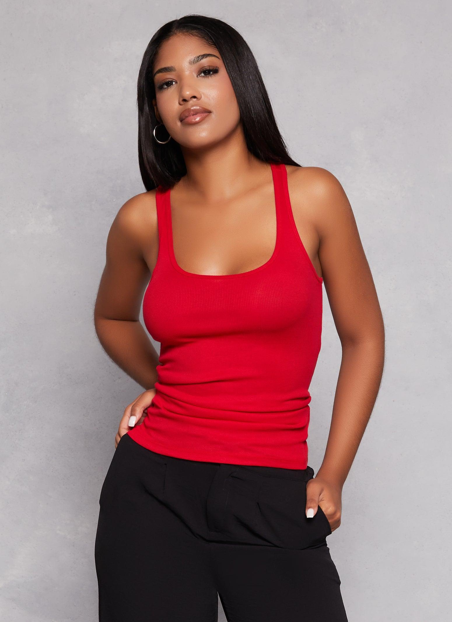 Womens Solid Racerback Ribbed Knit Tank Top Product Image