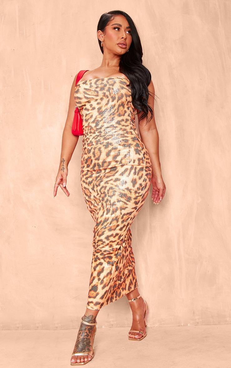 Shape Leopard Print Sequin Bandeau Bodycon Midi Dress Product Image