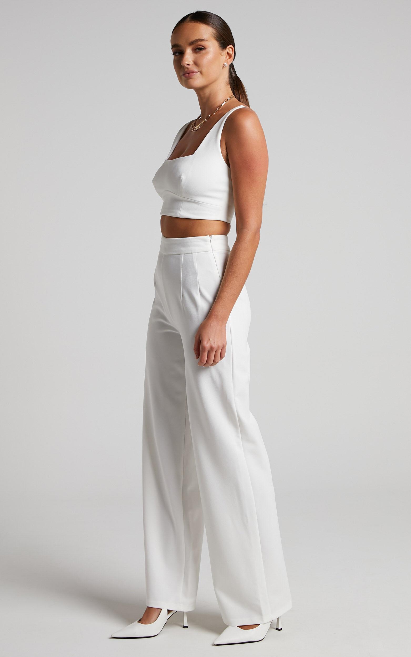 Elibeth Two Piece Set - Crop Top and High Waisted Wide Leg Pants Set in White Product Image