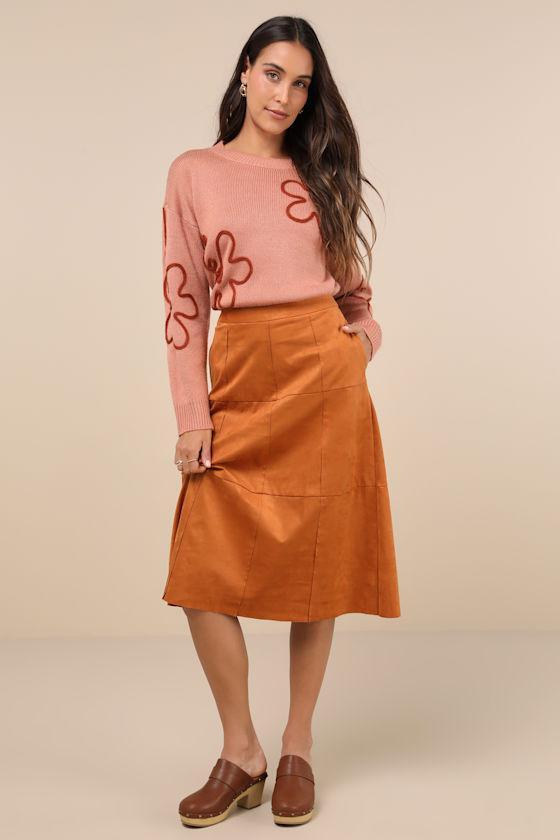 Amore Rust Brown Suede High-Rise Midi Skirt Product Image