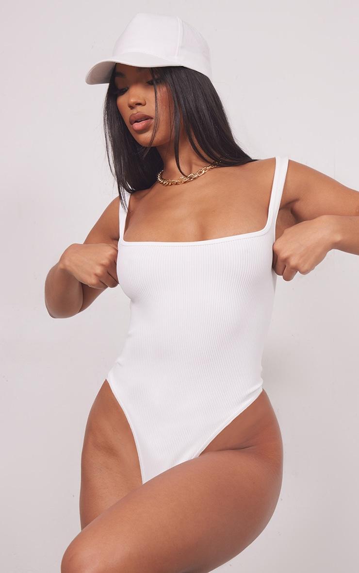 White Snatched Rib Square Neck Sleeveless Bodysuit Product Image