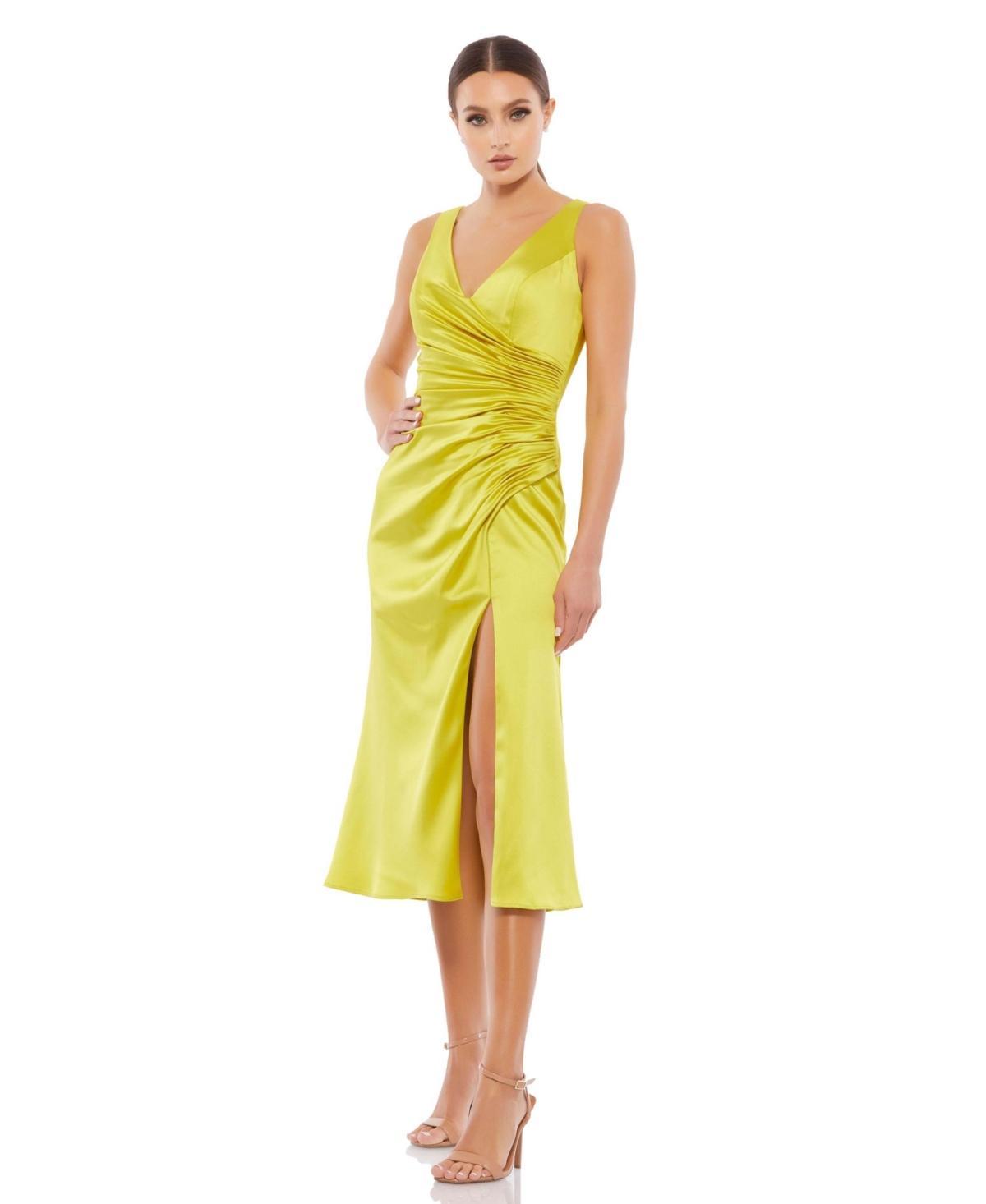 Womens Ieena Satin Ruched V Neck Faux Wrap Midi Dress Product Image