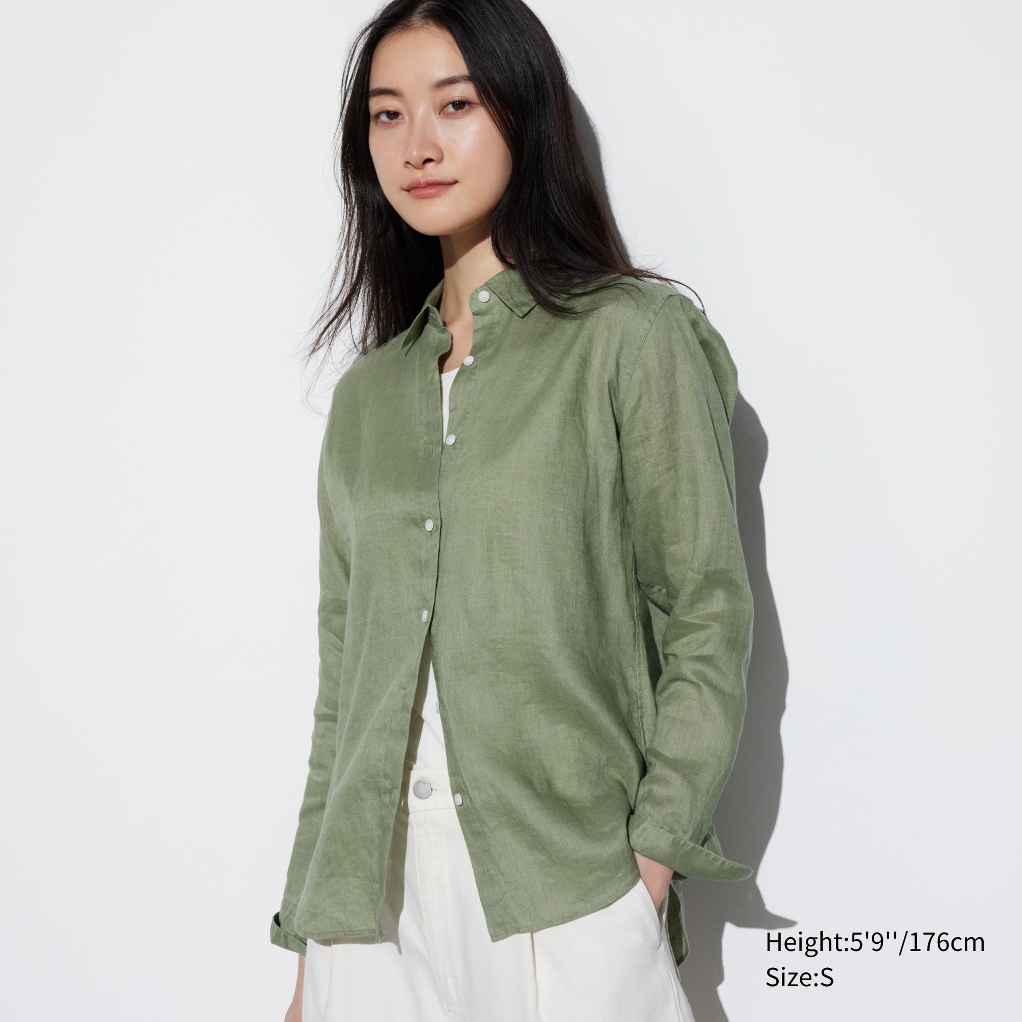 Womens Premium Linen Long-Sleeve Shirt Green XS UNIQLO US product image