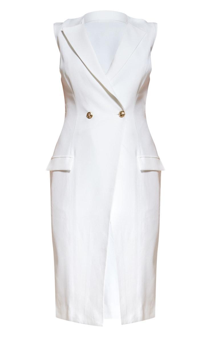 White Sleeveless Gold Button Midi Blazer Dress Product Image