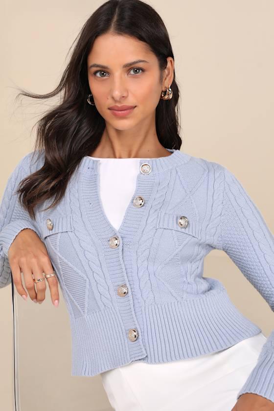 Luxe Composure Blue Cable Knit Long Sleeve Cardigan Sweater Product Image