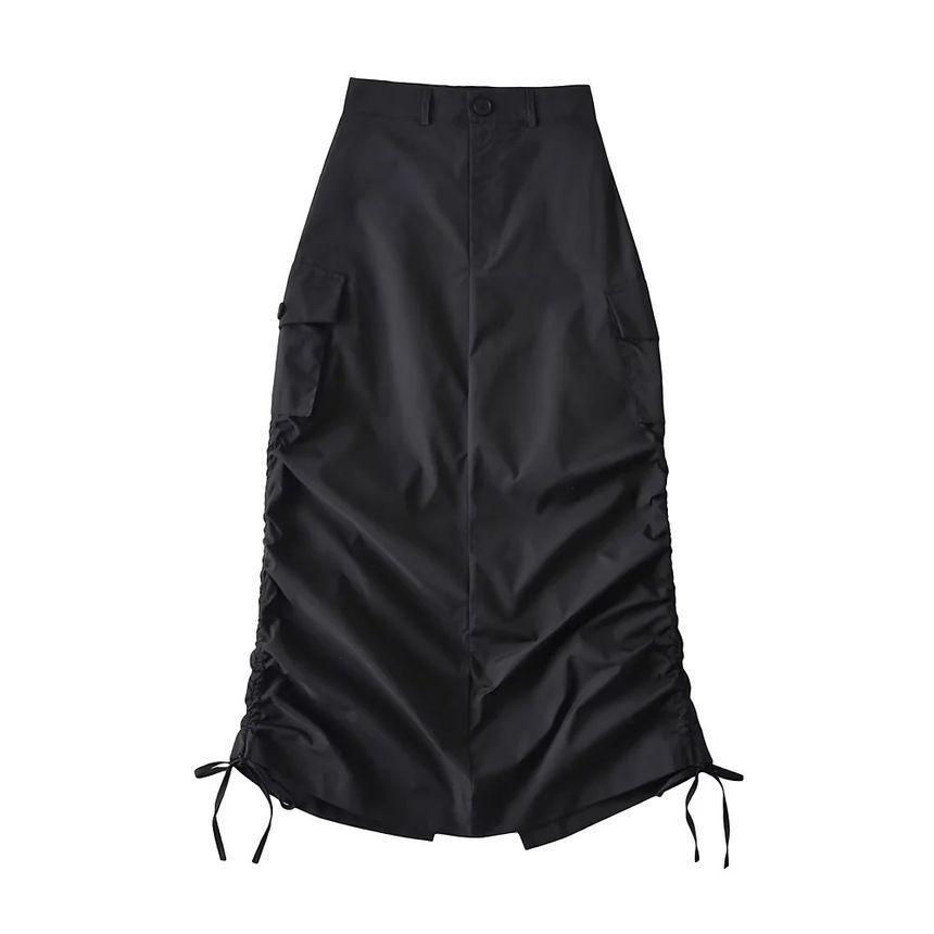 High-Waist Side-Drawstring Cargo Midi Skirt Product Image