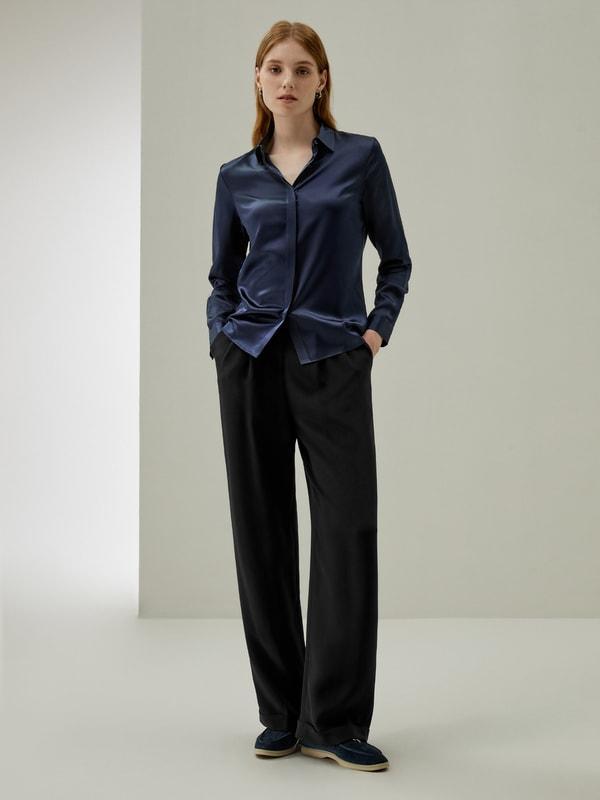 Basic Concealed Placket Silk Shirt Product Image