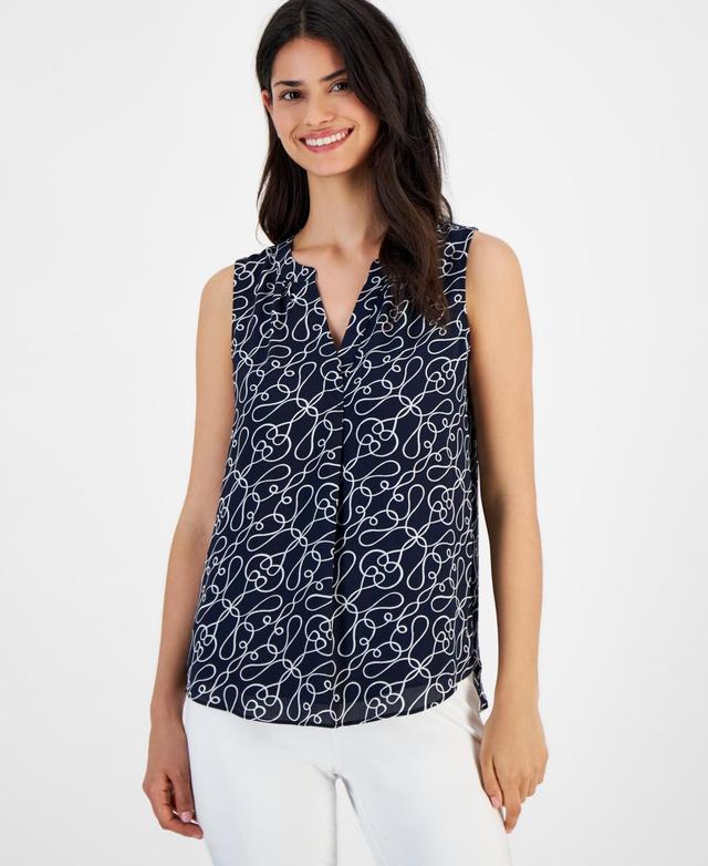 T Tahari Womens Split-Neck Sleeveless Printed Top Product Image