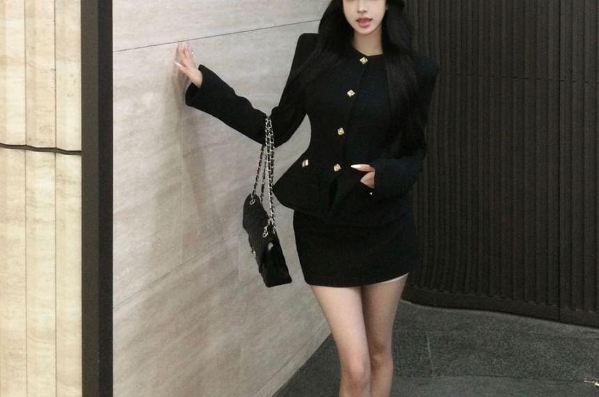 Round Neck Plain Button Jacket / Mid Waist Plain Mini Pencil Skirt Product Image