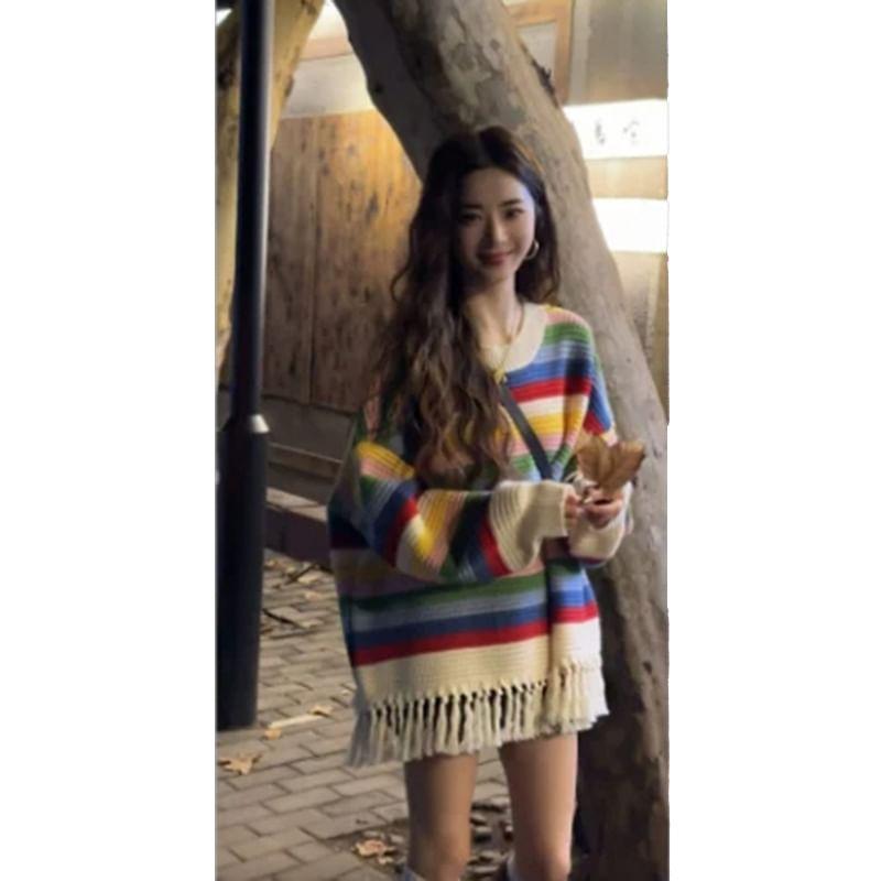 Round Neck Striped Fringe Sweater product image